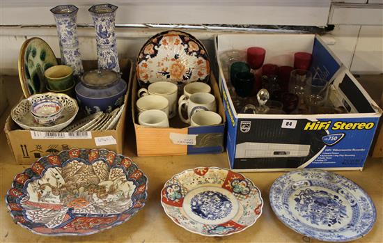 Mixed misc china and glass, including Imari dish, Wedgwood biscuit barrel etc